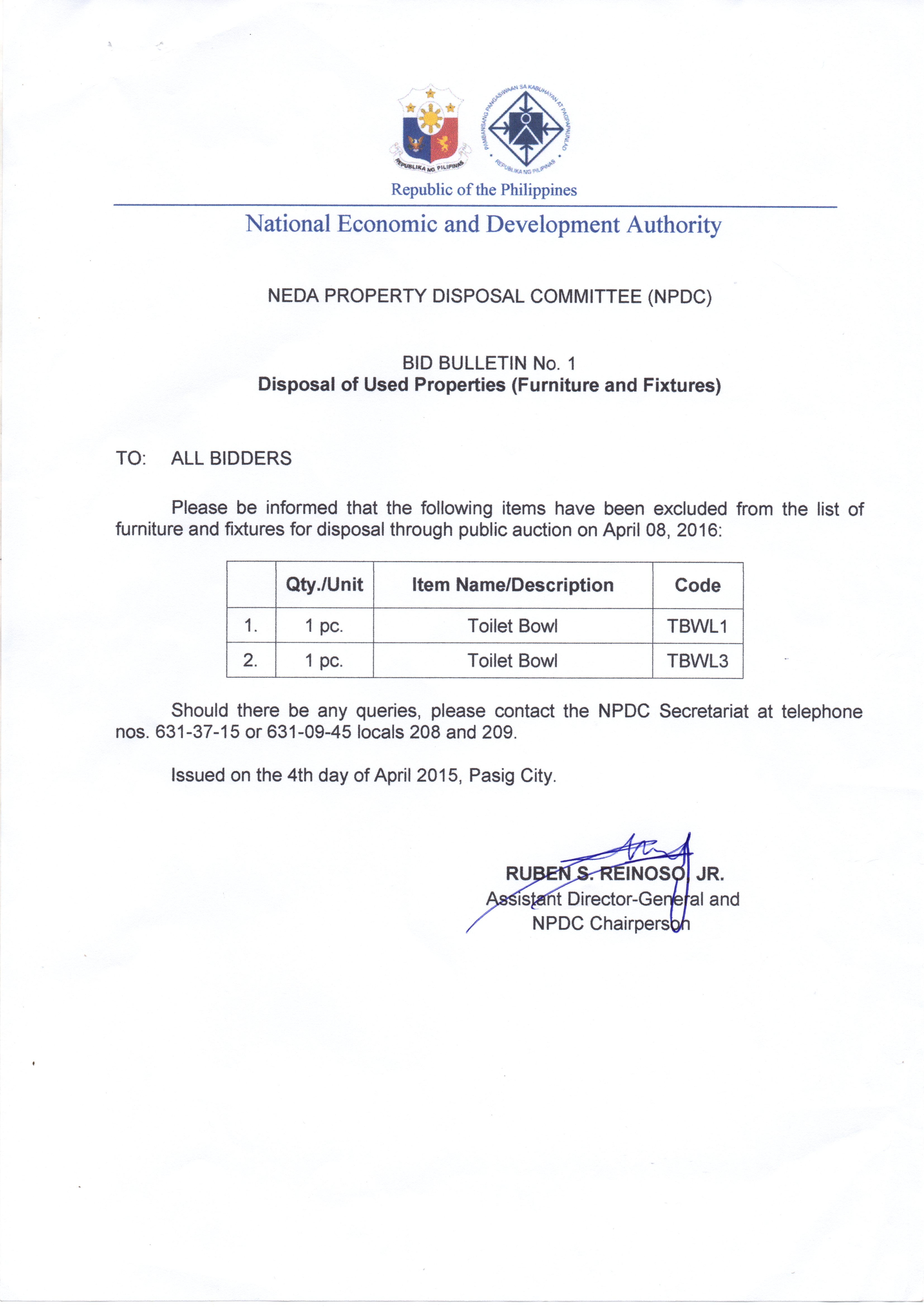 Bid Bulletin No. 1-Furniture and fixtures